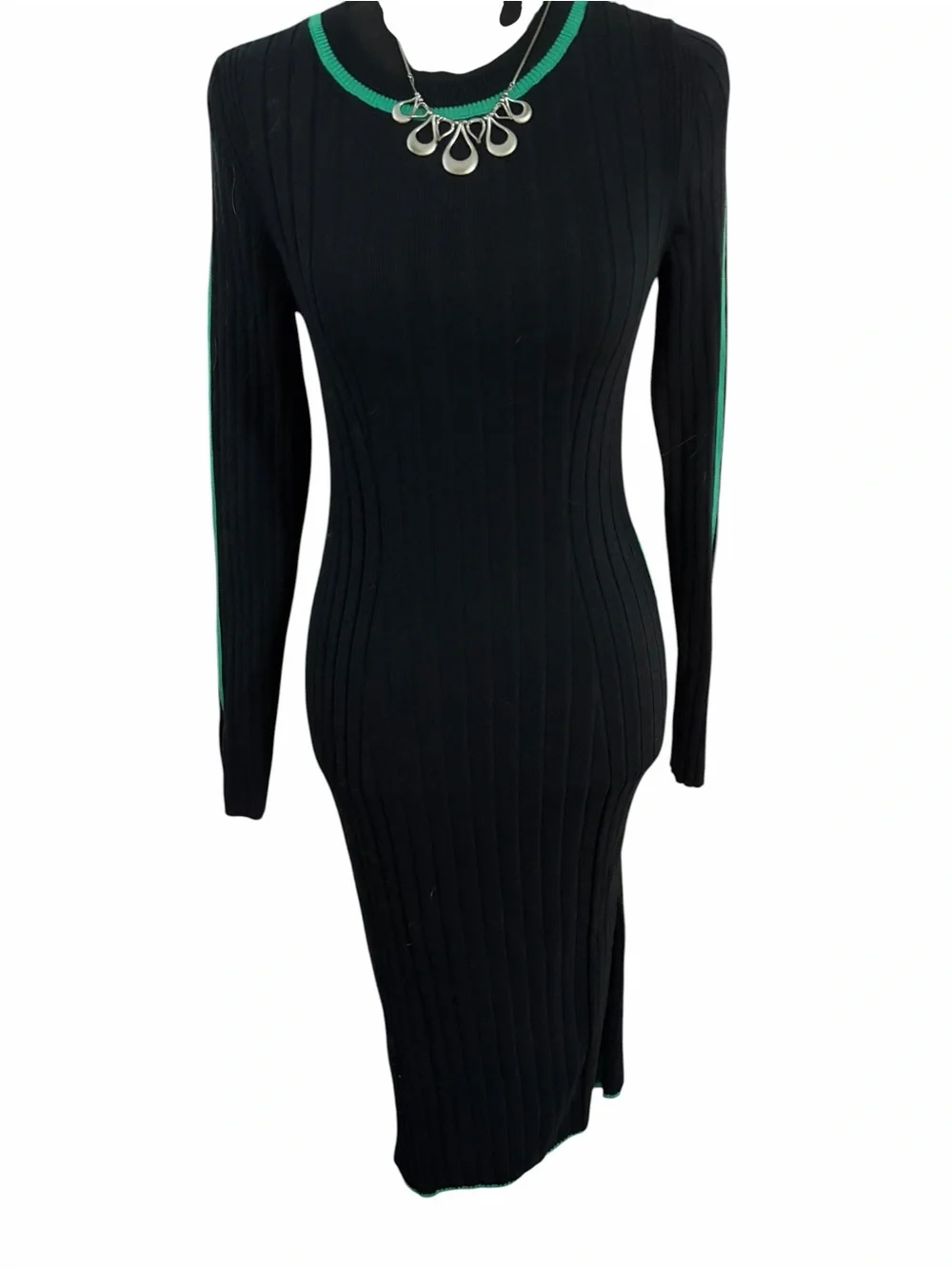 Fitted Black Maxi Dress with Green Trim